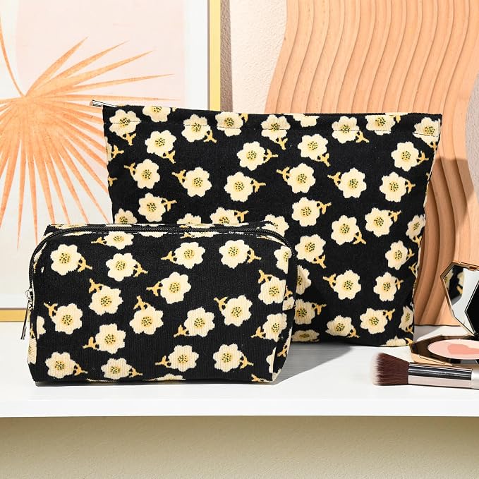 SOIDRAM 2 Pieces Flower Makeup Bag Large Cosmetic Bag Capacity Canvas Mix Travel Toiletry Bag Organizer Cute Makeup Brushes Aesthetic Accessories Storage Bag for Women, Flower Mix Black - Image 5