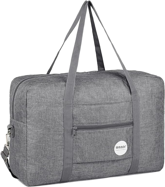 WANDF Foldable Travel Duffel Bag Luggage Sports Gym Water Resistant Nylon (E-Denim Gray with Strap) | 18x14x8 inches, Airline Underseat Aprroved, Weekend Overnight Trips, Lightweight Packable by WANDF
