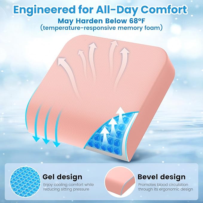 Wheelchair Seat Cushion for Pressure Relief, Cooling Gel Memory Foam Chair Cushion with Slope-Edge Design, Coccyx Support for Tailbone Pain, Non-Slip, for Wheelchairs, Office Chairs & Car Seats, Pink - Image 5