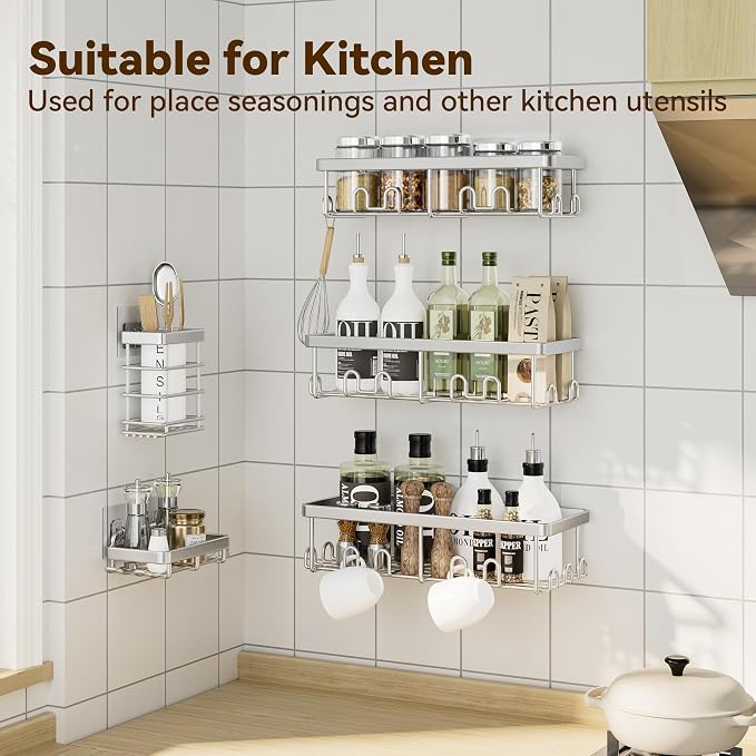 Shower Caddy Adhesive, Rustproof Shower Organizer, Wall Shower Rack | Large Capacity Shower Shelves for Inside Shower, Shampoo Shower Holder, Silver, 3 Caddies, 1 Soap Dish, 1 Toothbrush Holder - Image 8