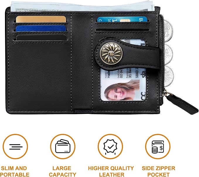 Tipmile Small Wallet Women Bifold RFID Blocking Card Holder Leather Wallets with Zipper Coin Pocket, Blue & Black - Image 2