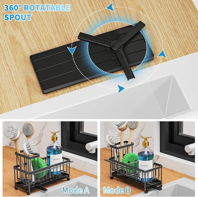 Cisily Sponge Holder for Kitchen Sink, Sink Caddy Organizer with High Brush Holder, Kitchen Countertop Organizers and Storage Essentials, Rustproof 304 Stainless Steel (Black with Towel Rack, 9.25″) - Image 4