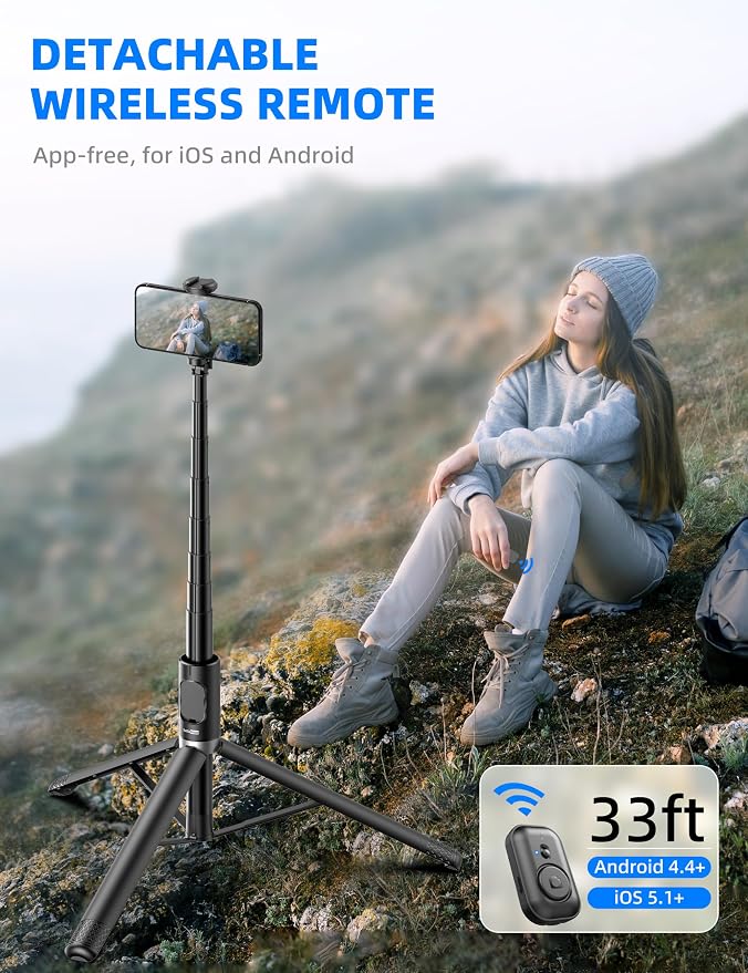 72" Cell Phone Selfie Stick Tripod, Aluminum Selfie Stick All-in-1 with Integrated Remote, Extendable Travel Smartphone Tripod Stand Compatible with iPhone 17/16/15/14/13/Android - Image 5