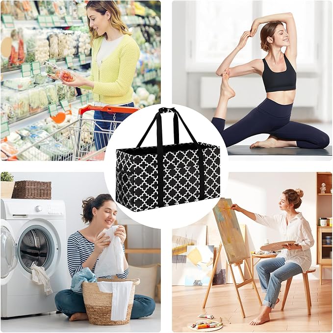 GhvyenntteS Extra Large Utility Tote Bag - Stand Up Utility Tote with Metal Wire Frame & Hard Bottom Board, Reusable Grocery Bags With Handles for Storage, Picnics, Beach, Pool, Laundry, Car, Camping | 22.5"×10.5"×12" - Image 2
