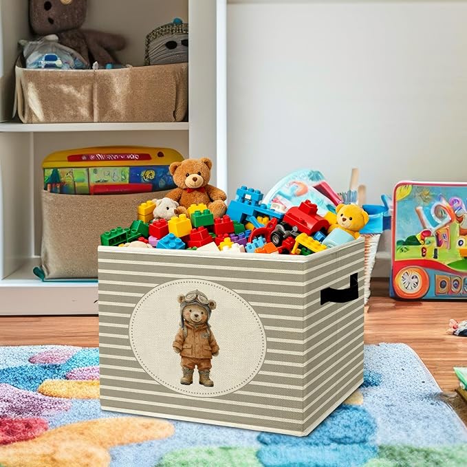 Rustic Aviation Bear Storage Bins Boxes with Handles | toys books clothes, grey striped nursery foldable basket for organizing bedroom toddler room playroom - Image 2
