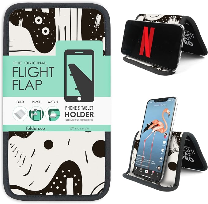 Airplane Phone Holder - Foldable Phone Stand for Plane Travel | Aluminum Build, 9 x 5 in. Boho Black, Tabletop Mount Desk, Plane Tray Seat back, Treadmill, Fits iPhone Cell Phone by FlightFlapbyFolden