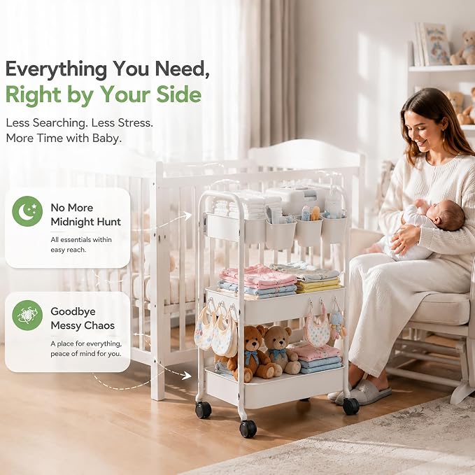 Heavy Duty 3 Tier Rolling Cart Metal with Wheels, White Three Tiered Shelf | Utility Roller Storage Carts Organizer on Wheels for Art, Craft,Baby Nursery, Diaper Caddy,Postpartum,Bedside,Cleaning Supply - Image 2