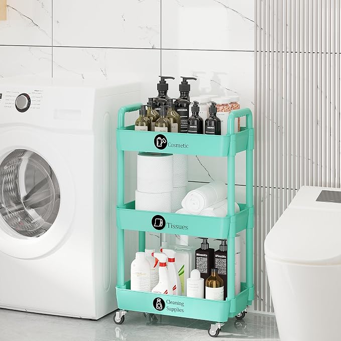 Laiensia 3-Tier Rolling Cart with Wheels,Multifunction Utility Storage Carts, Kitchen Storage Organizer,Mobile Shelving Unit for Bathroom,Laundry,with Classified Stickers,Green - Image 5