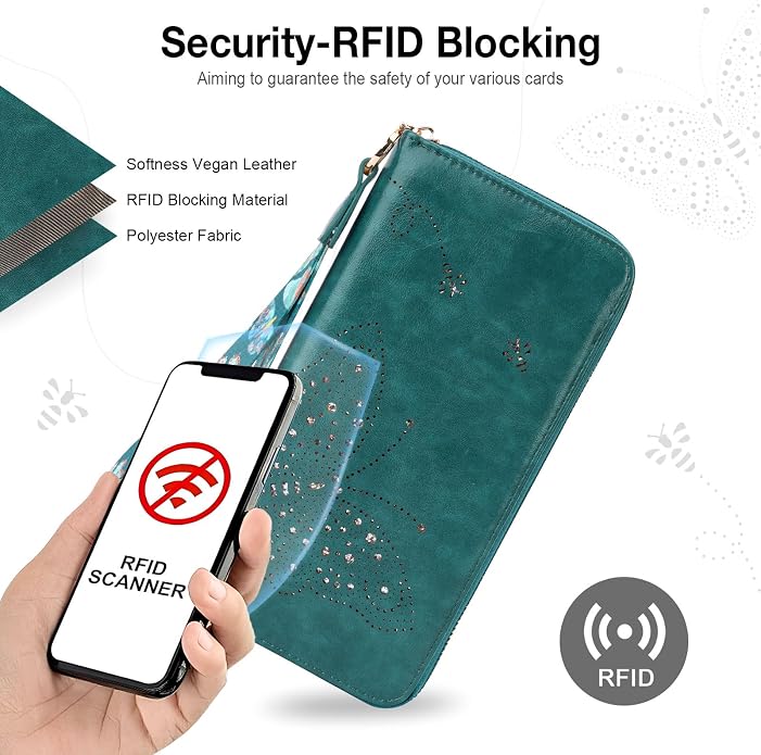 KITEVIUN RFID Wallet Women, Large Capacity Butterfly Cell Phone Clutch Purses Ladies Wristlet Wallets for Women - Image 6