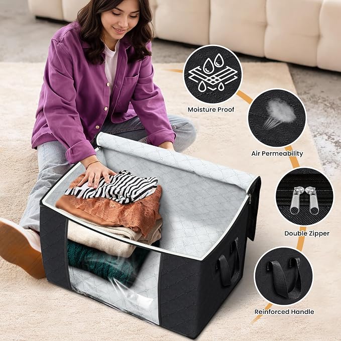 90L Clothes Storage, Foldable Thick Fabric Blanket Storage Bags | Foldable Containers with Zippers,Window and Handles for Organizing Bedroom, Closet, Comforter, Bedding,Dorm essentials - Image 4
