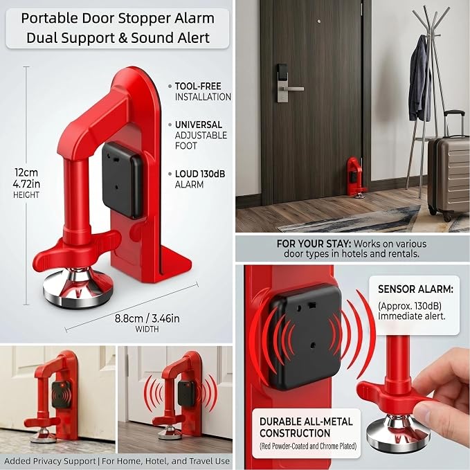 Portable Door Lock for Travel with 80dB Alarm, Floor-Braced Door Stopper | No-Drill Floor Brace, Pressure-Activated 5-Second Alert, Compatible Inward-Opening Doors Only - Image 3