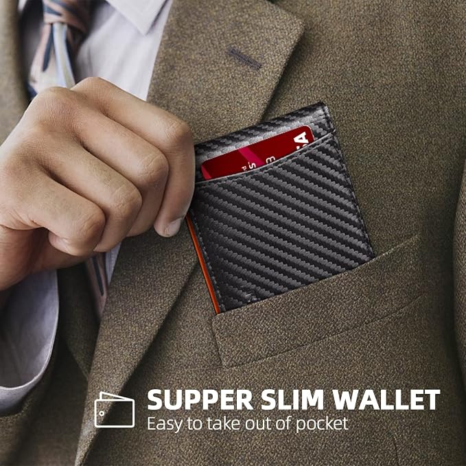 RUNBOX Slim Wallets for Men with RFID Blocking & Minimalist Mens Front Pocket Wallet Leather Black&inner Orange - Image 3