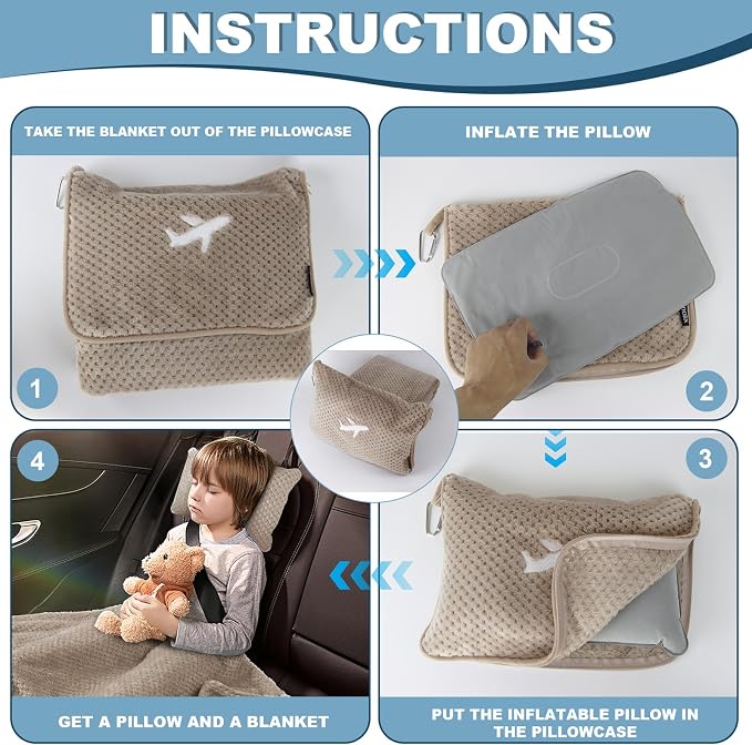 Travel Blanket Airplane Compact with Bag, Travel Essentials 3 in 1 Packable Airplane Blanket, Travel Pillow and Blanket Set, Inflatable Pillow, Luggage Sleeve & Backpack Clip (Camel) - Image 6
