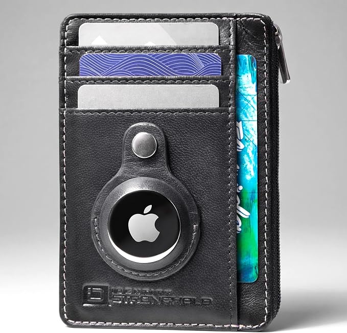 ID Stronghold RFID Blocking Front Pocket Wallet – Slim Minimalist Genuine Leather Wallet with Zipper Coin Pocket (Airtag Black) - Image 2