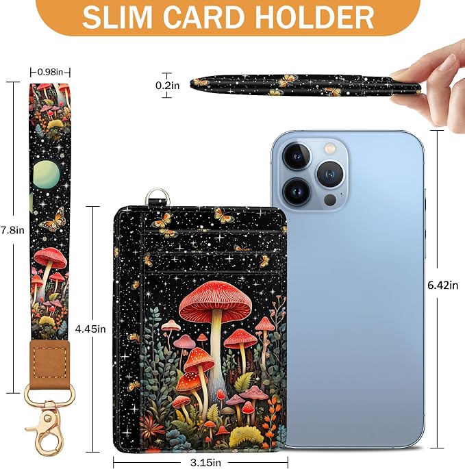 Yonlevres Mushroom Credit Card Holder Slim RFID Wallet Women Wristlet Small | Front Pocket, Handy, RFID Blocking, Woman Girls Ladies Gifts, D-ring for Keychain,Thin Mini Card Case, ID Window, PU Leather - Image 6