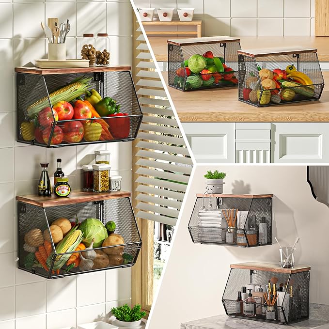 Litwaro Fruit Basket Wire Baskets with Wood Lid, Wall Mounted Produce Basket for Snack, Fruit and Vegetable Storage, Countertop Onion and Potato Storage, 3 Pack Stackable Kitchen Counter Organizer - Image 6