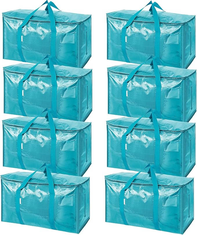 TICONN 8 Pack Extra Large Moving Bags Heavy Duty with Zippers & Carrying Handles, Durable Storage Bags Moving Boxes for Closet Organizers and Storage (8 Pack, Aqua) by TICONN