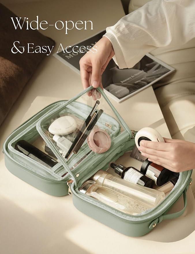 Clear Cosmetic Bag Double Layer Travel Toiletry Bag Clear Makeup Bag Case with 4 Compartments, Transparent Travel Bag for Toiletries, Large Toiletry Bag for Women Cosmetic Case (Sage Green, Large) - Image 2