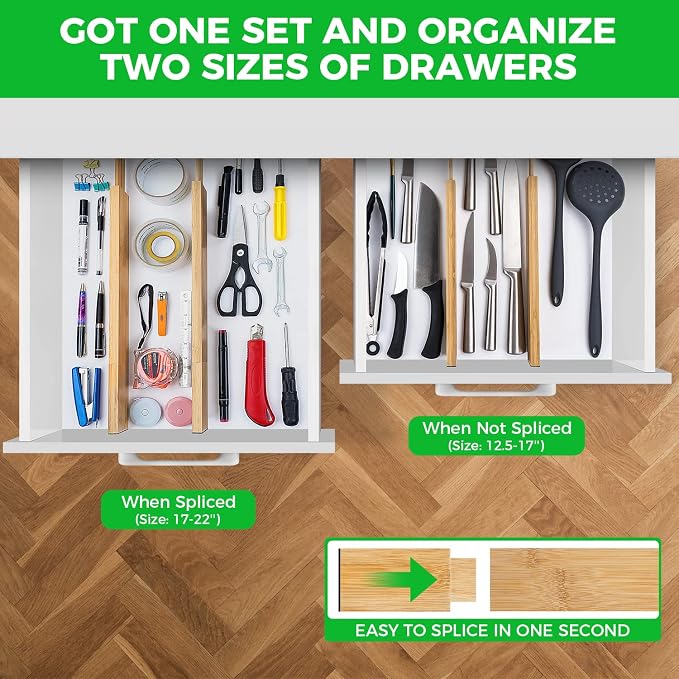 4 Pack Bamboo Drawer Dividers Organizer with Inserts 2.6'' High | Expandable from 12.5-21.7", Adjustable Drawer Organizer Separators for Utensils, Clothing, Office, Dresser, Bedroom, (Beige) - Image 2