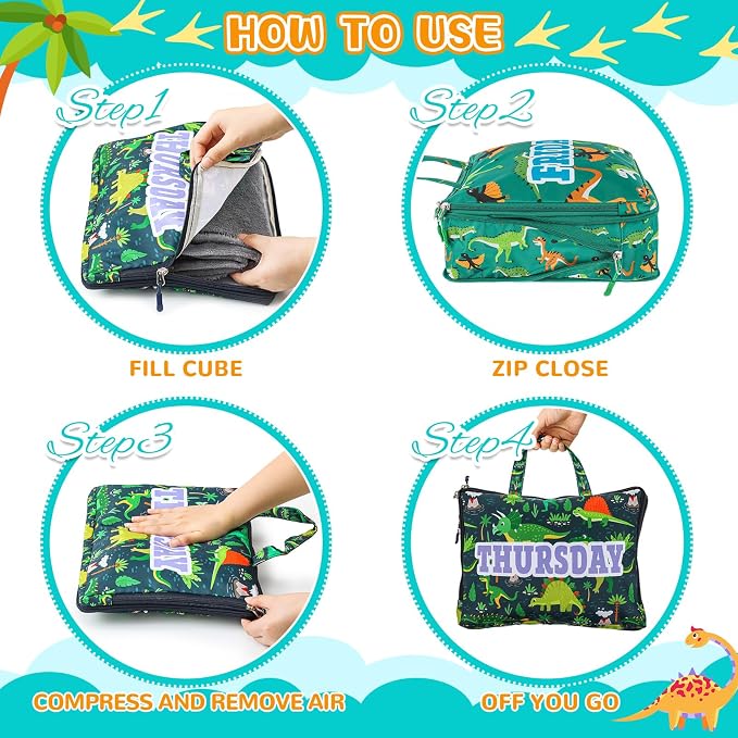 Paterr 7 Pcs Days of Week Packing Cubes for Travel Compression Packing Cubes for Kids Summer Camp Daily Outfit Suitcase Organizers Zippered Storage Bag for Cruise Vacation Essentials(Dinosaur) - Image 4
