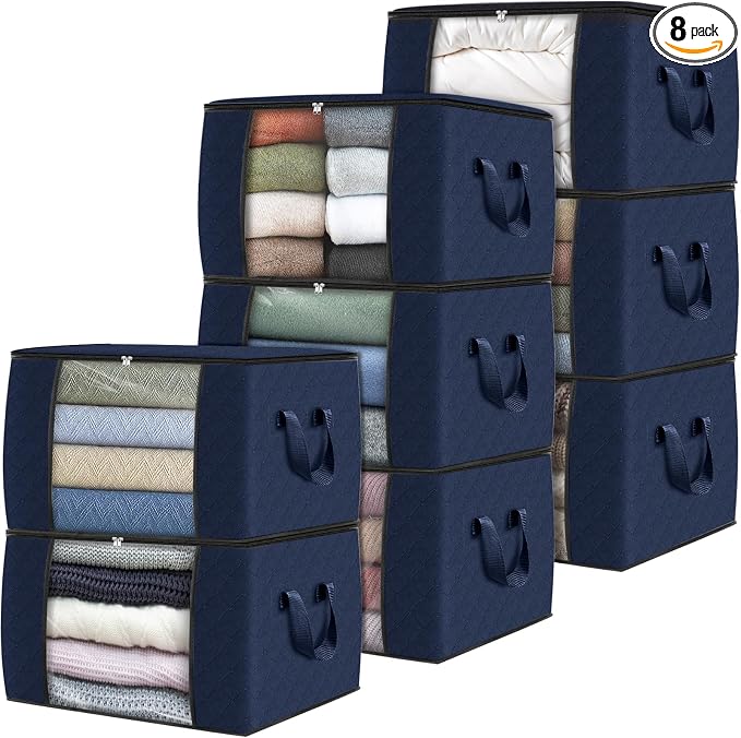 8 Pack Storage Bags for Clothes Blanket Storage Bins with Lids | Foldable Closet Organizers with Zippers,Window and Handles,Fabric Storage Bins for Sweater,Comforter,Bedding,Dorm essentials by Fabtotes