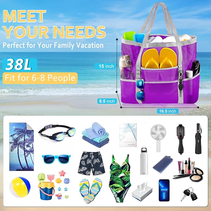 SRISE Mesh Beach Bag - Large Beach Tote Bag for Family Beach Bag for Toys & Vacation Essentials - Image 3