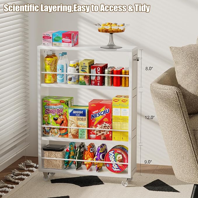 KLM 4 Tier White Slim Storage Cart with Handle, Slide Out Storage Rolling Utility Cart for Kitchen, Laundry, Narrow Places-6.7" W - Image 7
