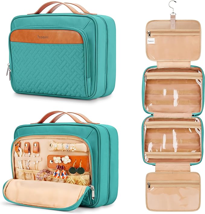 Travel Hanging Toiletry Bag for Women, with Jewelry Organizer Compartment, Medium Waterproof Hanging Makeup Accessories, Cosmetic Essentials, Toiletries Dopp Kit Set with Trolley Belt, Blue by COOSKY