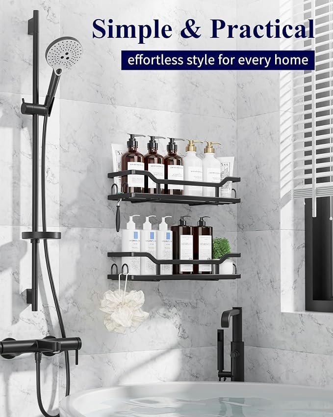 Kitsure Shower Caddy, Adhesive Shower Organizer, X-Large, Black | Stainless Steel Shelf for Inside Shower, No Drill Bathroom Organizers and Storage, Home Decor Accessories - Image 3