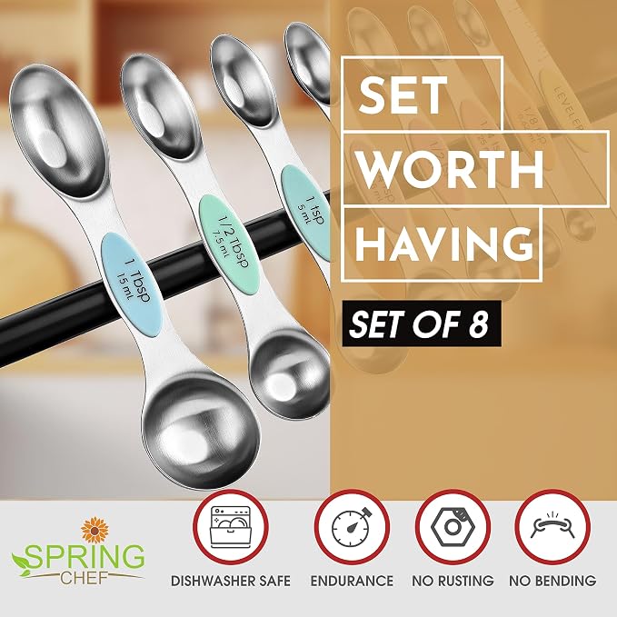 Spring Chef Stainless Steel Magnetic Measuring Spoons Set of 8, Pastel | Dual Sided Metal Teaspoon & Tablespoon Measuring Spoons with Leveler for Dry & Liquid Ingredients, Fits in Kitchen Spice Jars - Image 2