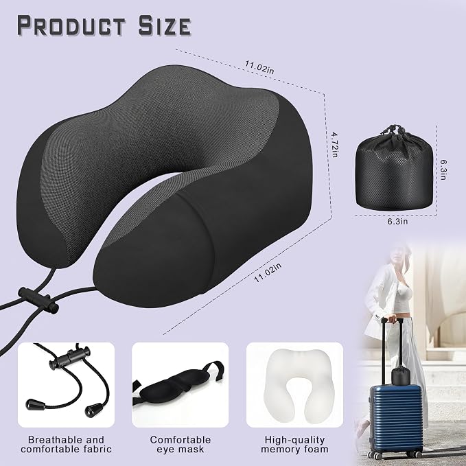 Travel Neck Pillow,Neck Pillow for Sleeping Travel,Airplane, Car, Office | Upgraded Memory Foam Neck Pillow for Travel,Machine Washable, Adjustable Flight Pillow, Suitable for Sleeping (Black) - Image 2
