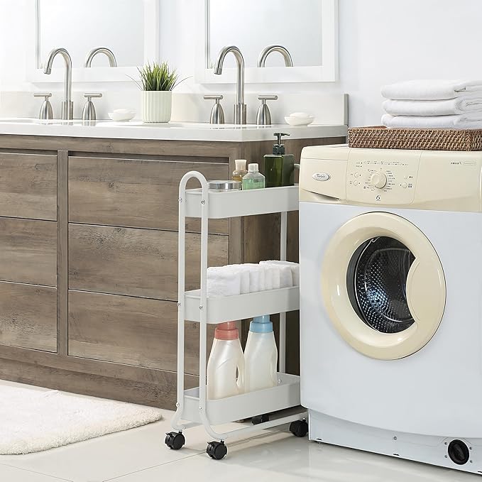 SunnyPoint Slim Rolling Storage Cart, 3 Tier Bathroom Storage Organizer Bathroom, Laundry Utility Cart (White) - Image 2