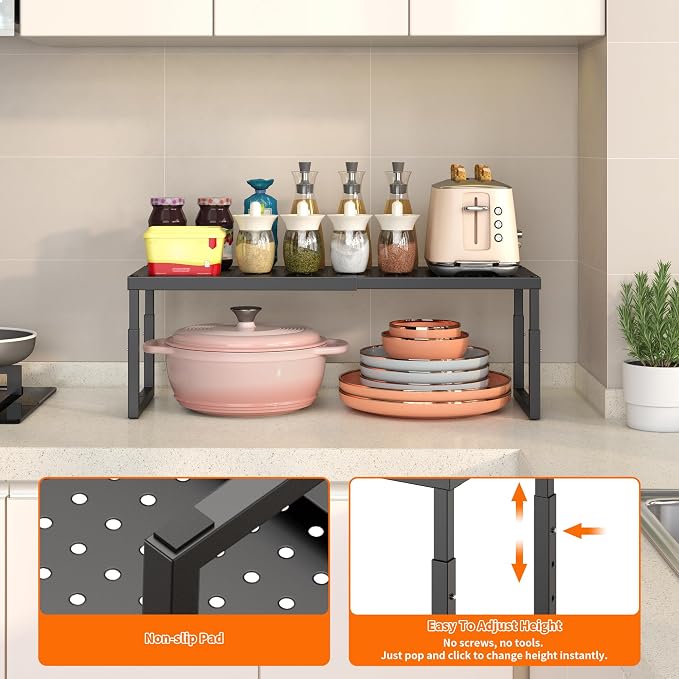RUILALIFE Expandable-Stackable-Shelf-Organizer-For-Cabinet Pantry Closet,Kitchen Counter Shelf With Adjustable Height, Metal Storage Shelf Riser Spice Rack For Cupboard Countertop - Image 6