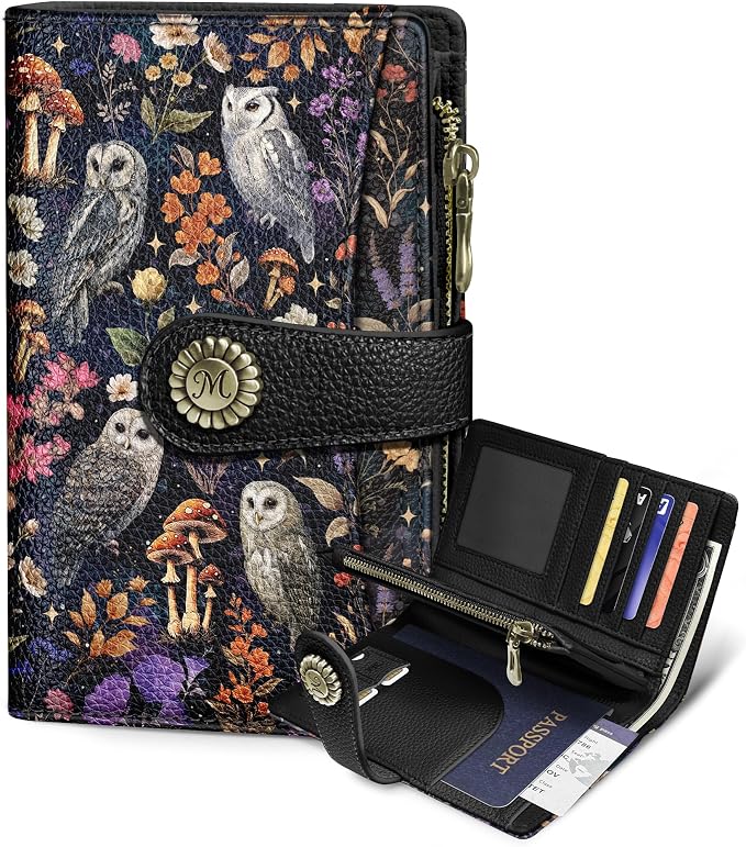 Owl Wallet Women RFID Bifold, Passport Holder, Credit Card Holder | 6.7" x 4.4" x 1.3" Bifold, Travel billfold, Zipper Pocket, PU Leather Clutch, Purse, ID Window, Pen Holder, Gift Ladies Girl by Mavellin