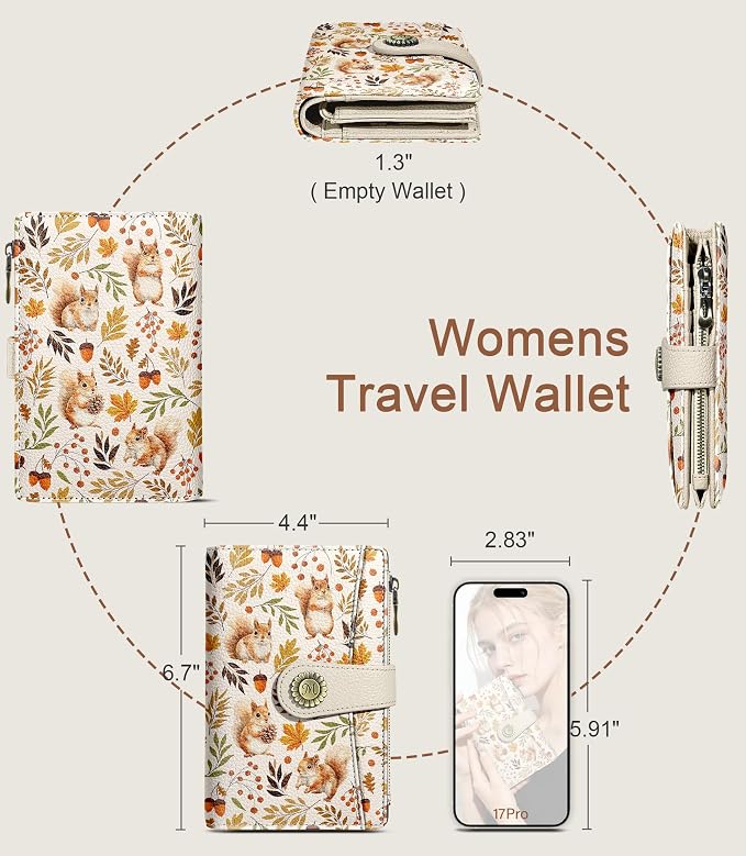 Squirrel Wallet Women RFID Cute Passport Holder Credit Card Holder | 6.7" x 4.4" x 1.3" Bifold, Travel billfold, Zipper Pocket, PU Leather, Clutch, Purse, ID Window, Pen Holder, Gift Ladies Girl - Image 5