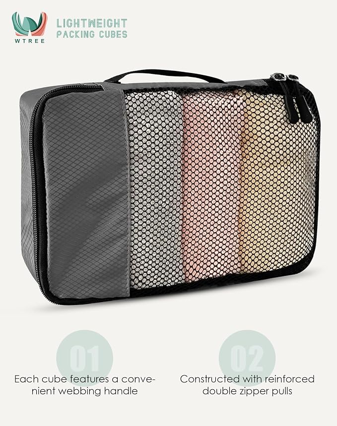 WTREE 4-Piece Packing Cubes Travel Accessories Set for Suitcases - Luggage Organizer Bags with Double Zipper - Mesh Top - Medium - Dark Grey - Image 4