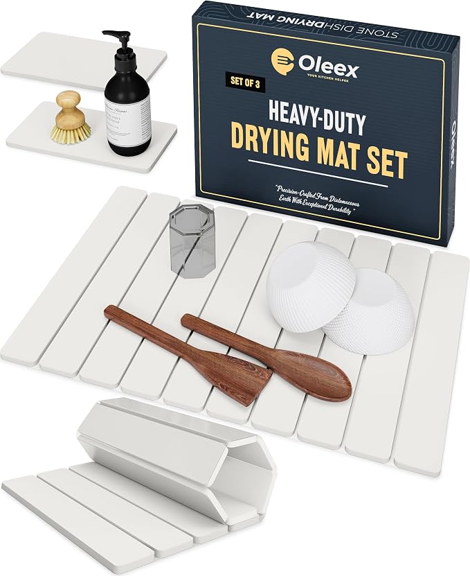 Oleex 3-Pack Stone Dish Drying Mat Set Includes 1 Large 24”x16” & 2 Small 4”x9” for Kitchen Counter-Collapsible Diatomaceous Earth Pad Absorbs Water & Dries Dishes Fast, Non-slip, Odor-Resistant Mats by OLEEXYOURKITCHENHELPER