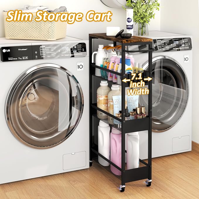 Vincona 7.1" Wide Slim Rolling Utility Cart, 4 Tier Metal Narrow Storage Cart with Handle and Wood Top, Multifunctional Small Mobile Shelf Unit Organizer Trolley for Laundry, Bathroom, Kitchen - Image 2