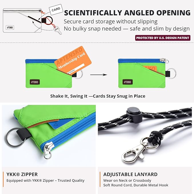 RFID Blocking Travel Wallet with Adjustable Lanyard, Small Nylon Zipper Pouch and Badge Holder for ID, Credit Cards, Cash, Keys, Commuters (Green) - Image 5