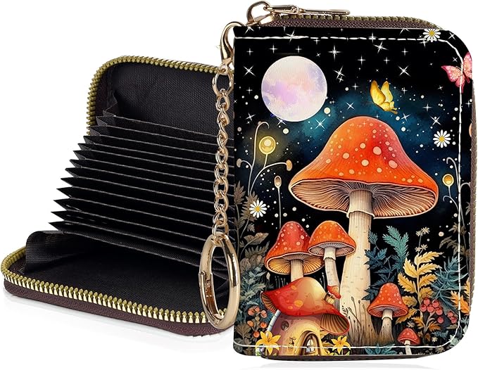 Credit Card Holder for Women,Small Rfid Wallet with Keychain Zipper,Cute PU Leather Card Case Wallet，Accordion Credit Card Wallets Gift,Moon Mushroom by Unknown