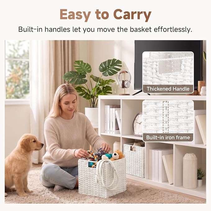 StorageWorks 11 inch Cube Storage Bin, White Storage Cubes, Wicker Baskets | 2-Pack, Handwoven Paper Rope White Wicker Baskets, Wicker Storage Cubes with Handles, Foldable Square Baskets for Organizing - Image 4