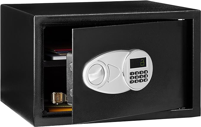 Amazon Basics Steel Security Safe and Lock Box with Digital Keypad, Easy to Use, Removable Shelf, Secure Cash, Jewelry, Documents, Black, 1.2 Cubic Feet, 16.9-x-14.6-x-10.6-inches (WxDxH) by AmazonBasics