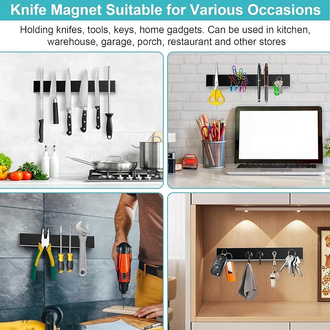 Magnetic Knife Holder for Wall with 3 Hooks, No Drilling Magnetic Knife Strip Adhesive Knife Holder Magnet Knife Bar, Wall Mount Knife Rack Block Metal Tool Holder for RV Kitchen Organization, 10 Inch - Image 5