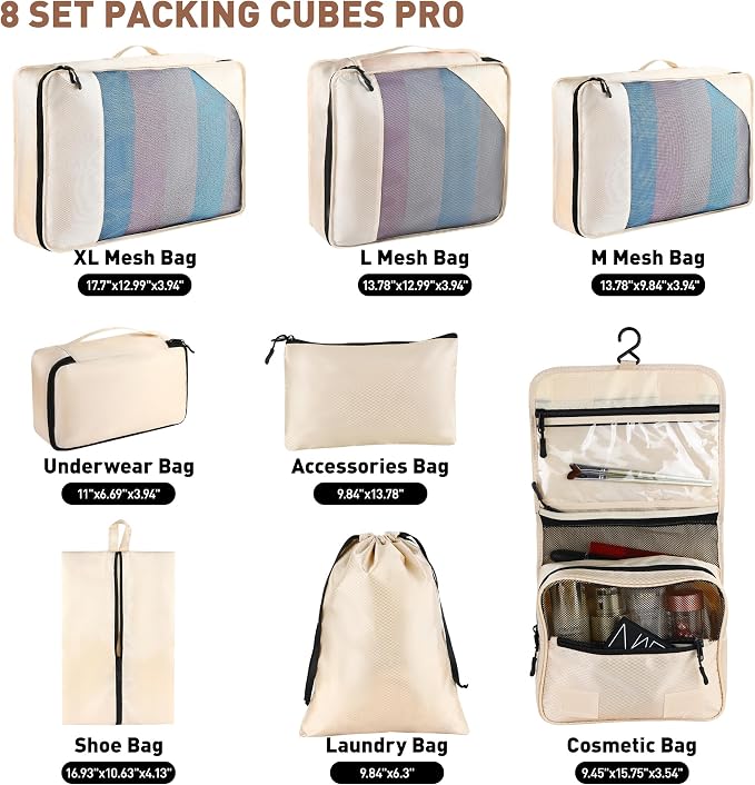 Toncoke 8-Piece Packing Cubes for Travel, 2026 Upgraded Durable Zippers & Reinforced Mesh, Complete Luggage Organizer Set with Shoe/Toiletry/Laundry Bags, 4 Sizes for Suitcase, Men Women, (Beige) - Image 2