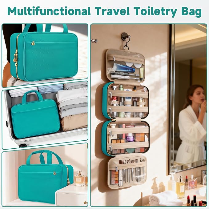 Travel Toiletry Bag for Women, Hanging Makeup Organizer Clear Pockets | Large Hanging Travel Organizer with Compartments, Front Pocket, Fits Full-Size Skincare, Makeup & Toiletries(Green, Medium) - Image 6