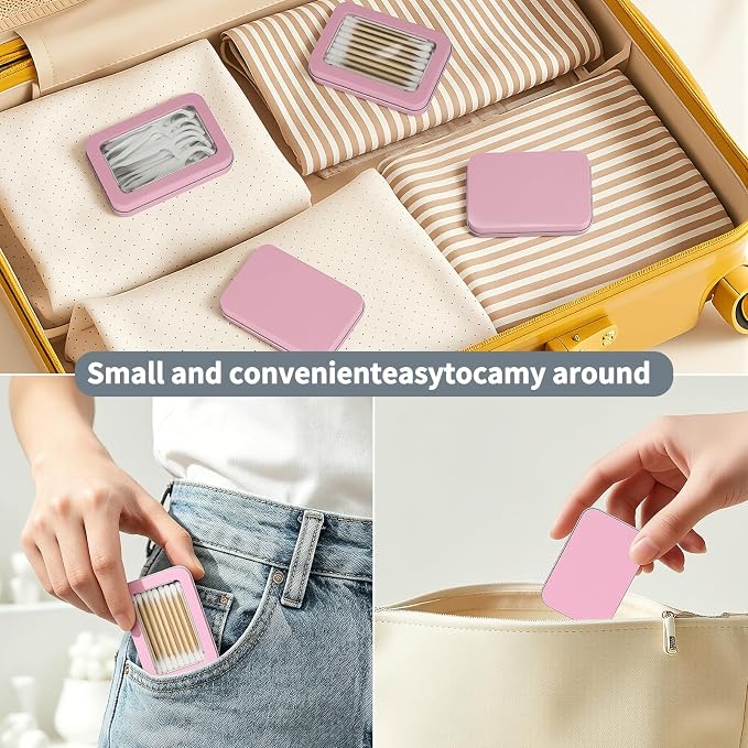 HAOGUAGUA 4 Pcs Travel Containers - Qtip Travel Case and Floss Pick Holder Box, Portable Cotton Swab Organizer Dispenser with Dustproof Lid for Hair Ties Cotton Pad jewelry Small Items (Pink) - Image 6