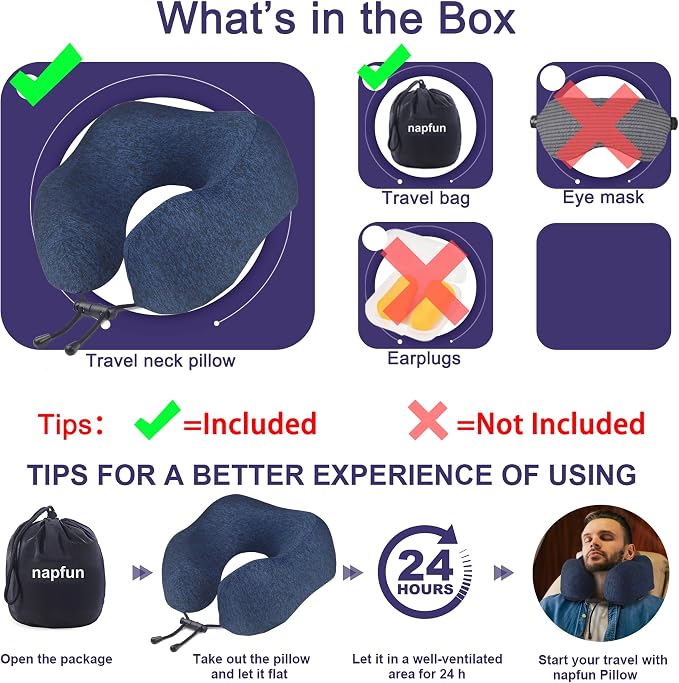 napfun Neck Pillow for Travel, Memory Foam Airplane Pillow, Full Dark Blue | 360° Neck Support, Upgraded 100% Memory Foam for Airplane, Car, Train, Bus, Office Sleep, Travel Essentials for Long Flights - Image 6