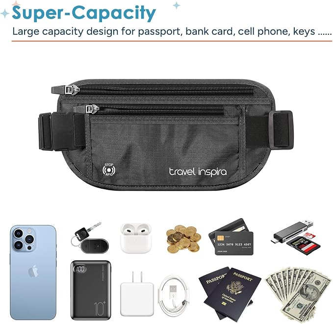 travel inspira RFID Blocking Travel Money Belt with Anti-Thief Zip - Slim Passport Holder and Digital Luggage Scale 110 Pounds, Battery Included - Image 8