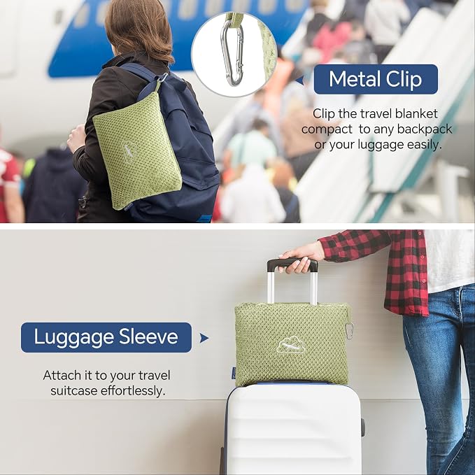 BEDELITE Travel Blanket with Bag, Jacquard Fleece Blanket 65"x40", Sage | Ultra-soft Airplane Blanket, Luggage Sleeve & Backpack Clip, Travel Essentials for Women, Foldable as Pillow for Long Flight - Image 5