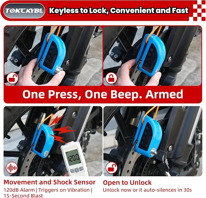 Rechargeable Motorcycle Disc Lock with 120dB Alarm | 5FT Reminder Cable with Anti-Theft Helmet Lock Cable, IP67 Waterproof, Universal Fit for Motorcycle Bike Scooter Ebike - Image 4
